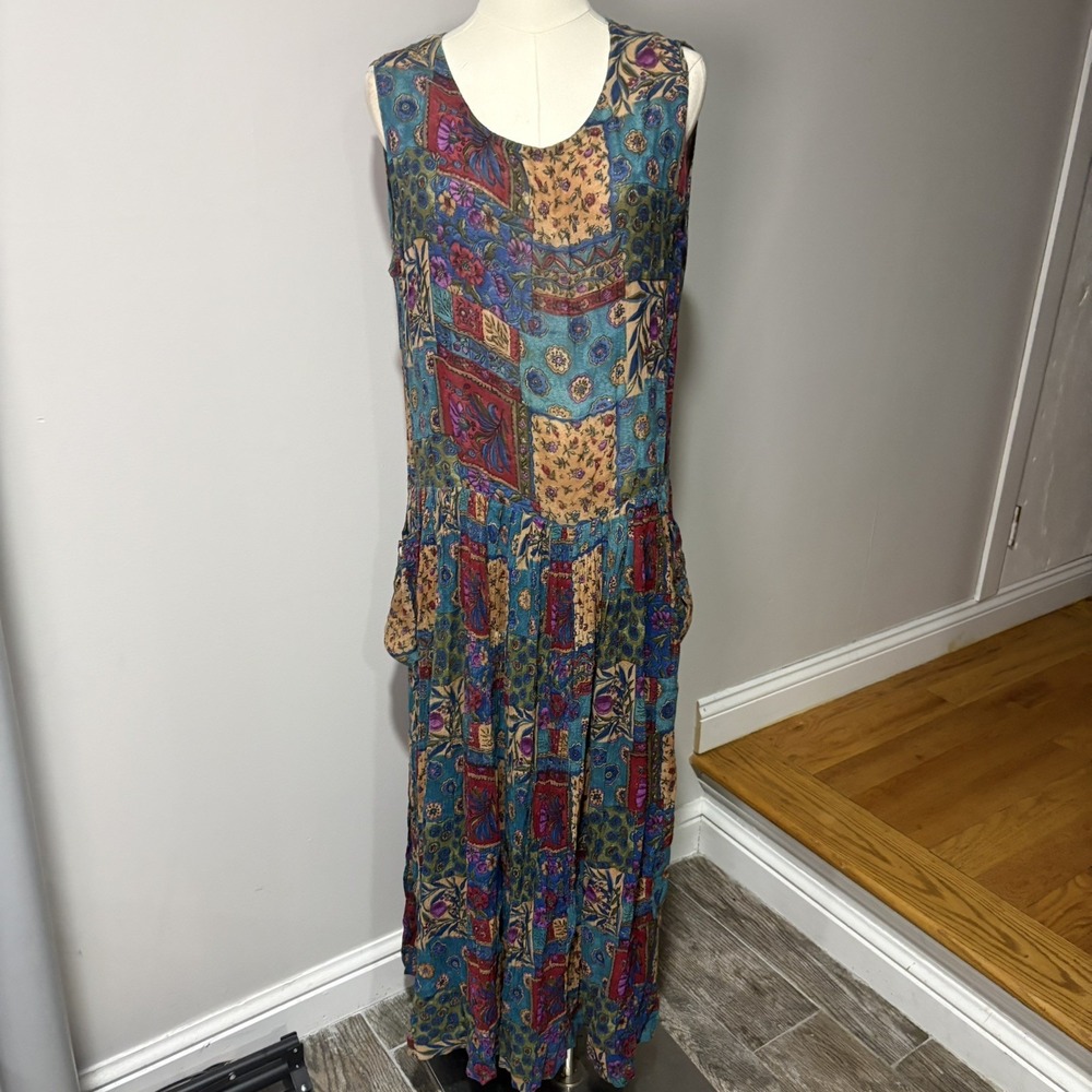 Vtg BILA Colorful Boho Sundress Pockets Stretch Light Sz M Festival 80s 90s